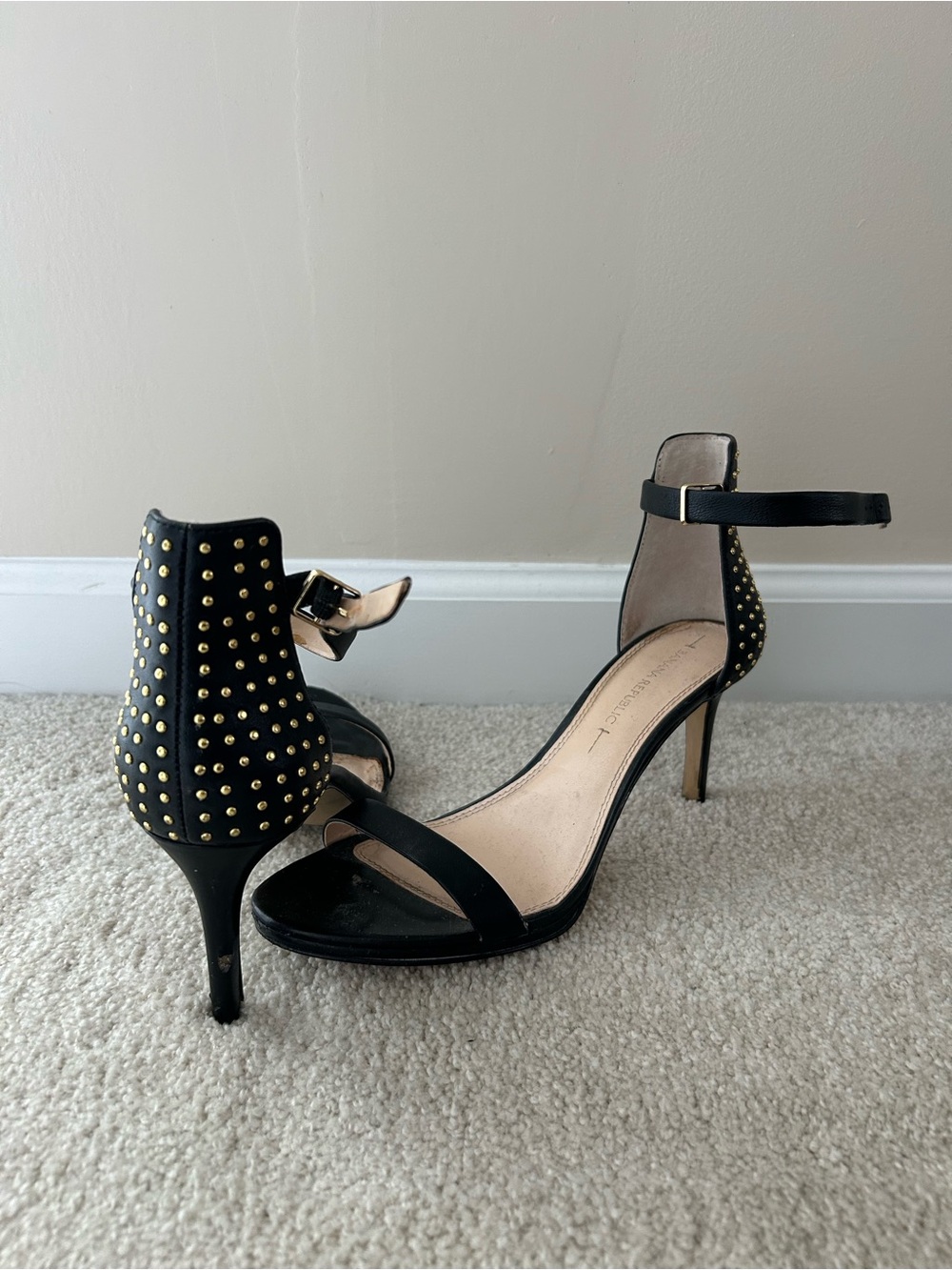 Banana Republic Black Ankle-Strap Heels with Gold Studs (mark on the heel).